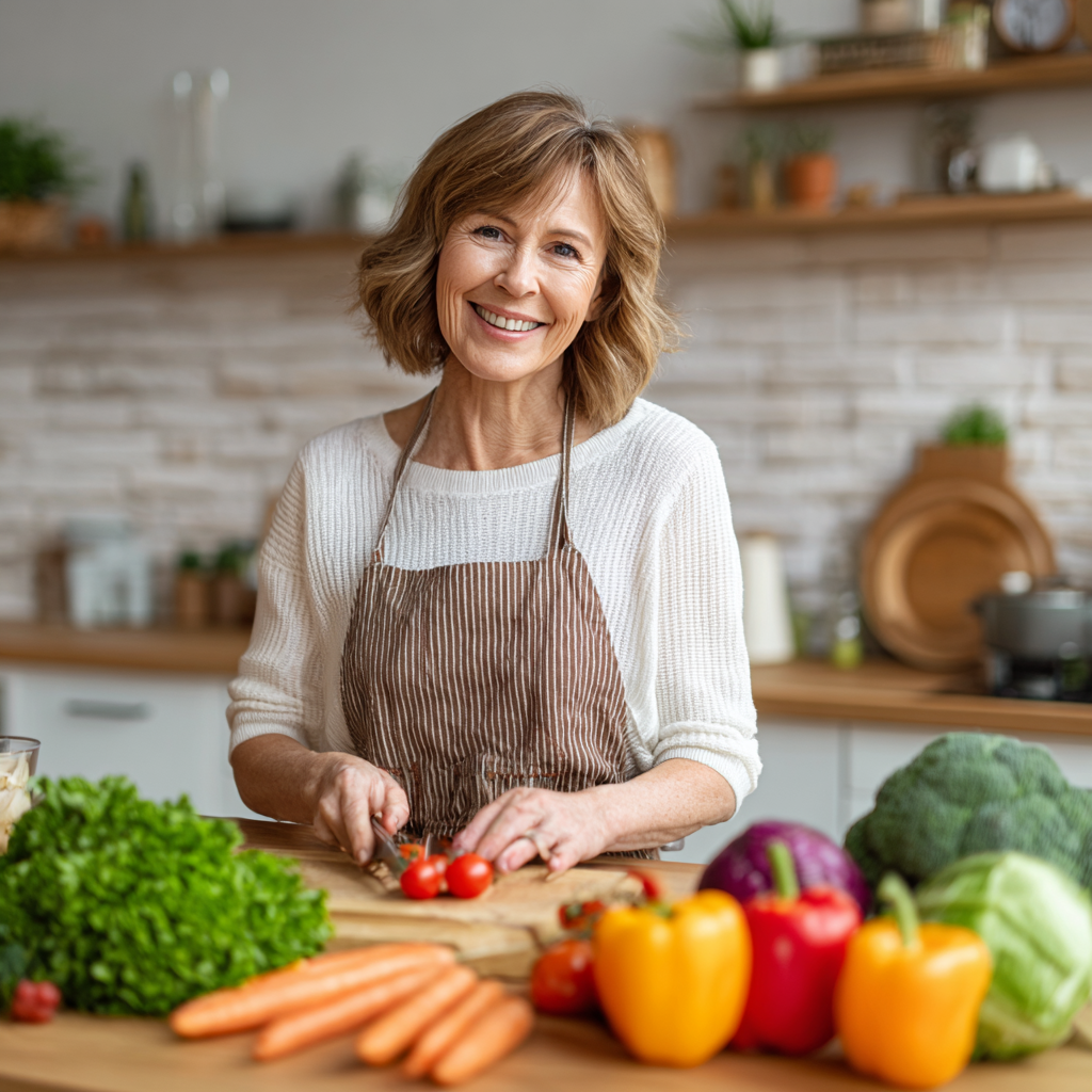 Smiling middle-aged Ukrainian woman preparing healthy colorful vegetables and fruits in a bright modern kitchen, natural lighting